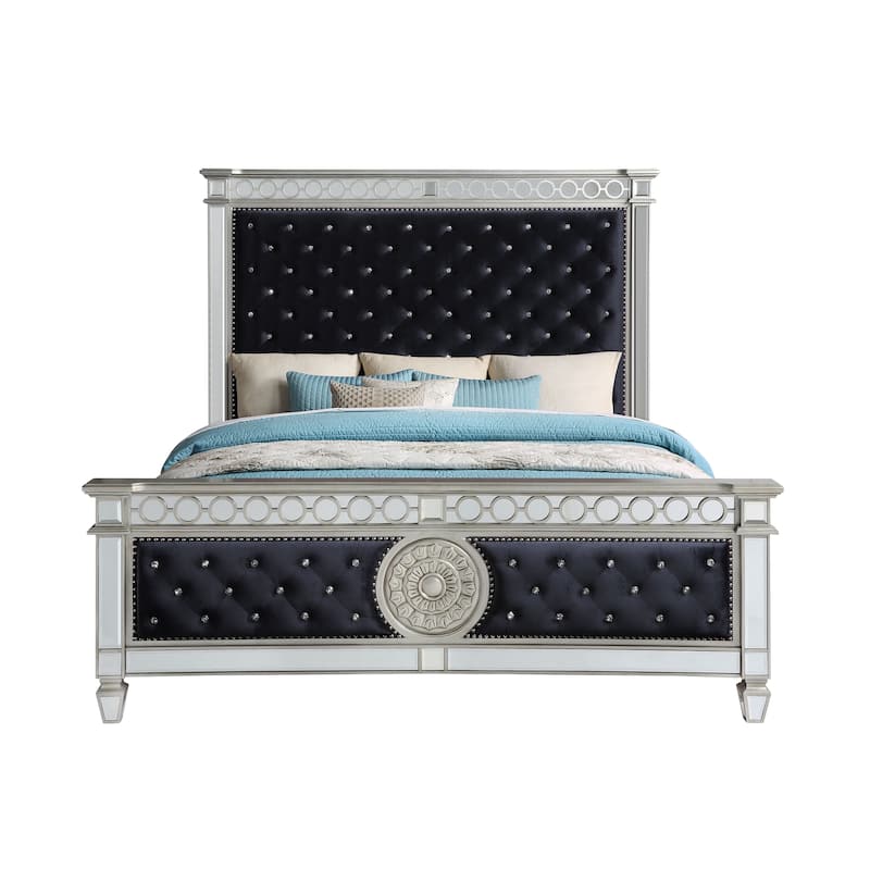 Solaro Dark Navy Blue Tufted Queen Bed