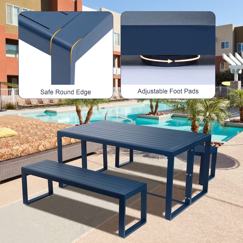 Aoodor 3-Piece Outdoor Patio Dining Set, Aluminum Furniture Set with 1 Rectangular Picnic Table and 2 Benches - N/A