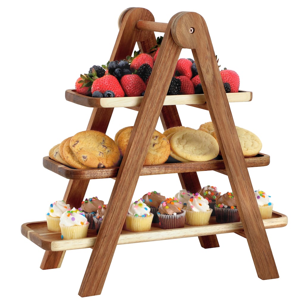 3 Tiered Acacia Wood Rectangular Stacked Tray Set Perfect For Serving