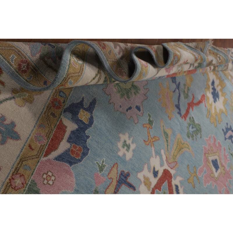 Light Blue Floral Oushak Oriental Area Rug Handmade Wool Carpet - 9'0"x 11'9"