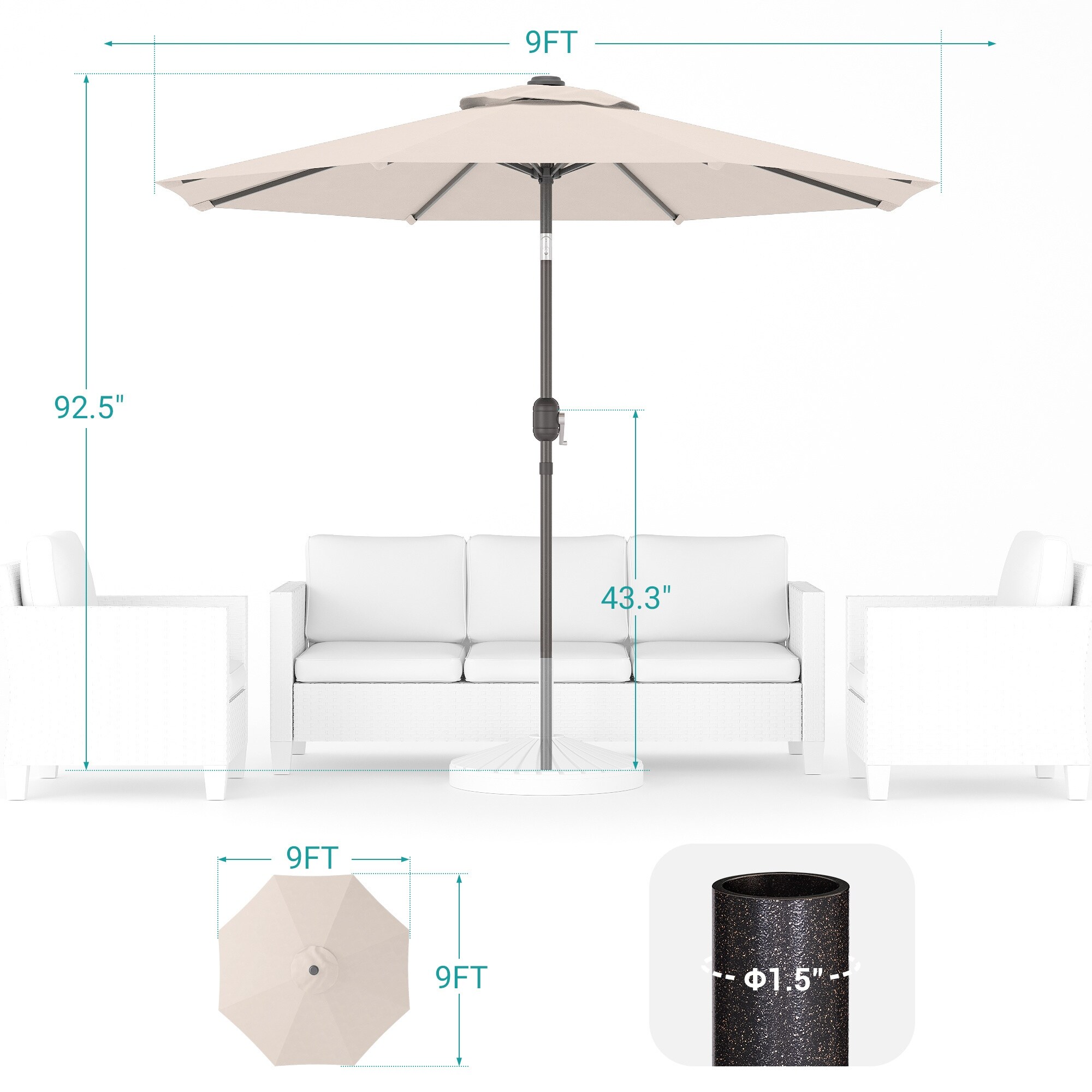 dimensions of 9 ft patio umbrella GarveeLife 9FT Outdoor Patio, Table Umbrella with Push Button Tilt and Crank, 8 Sturdy Ribs Waterproof UV Protection for Garden, Pool, Deck, Backyard, Market (Khaki) : Patio, Lawn & Garden Designed for sun protection and easy operation all season long. Blissun 9' Outdoor Patio Umbrella,