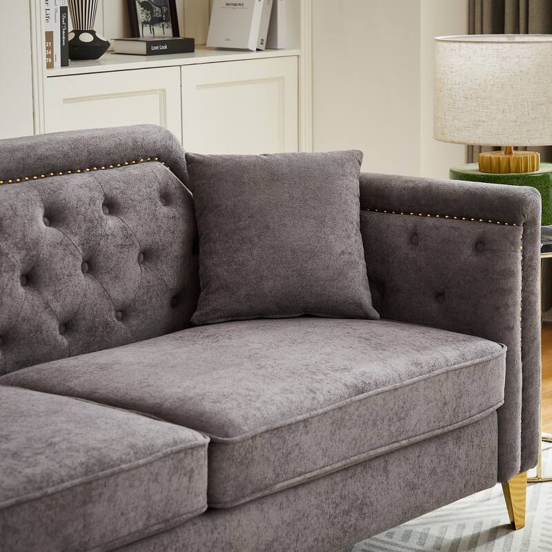 Chenille Sofa with Golden Metal Legs, 3-Seater Couch with Solid Wood Frame and 750 lbs Capacity