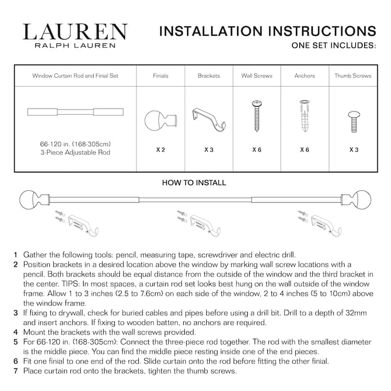 Lauren Ralph Lauren Cayson 1" Adjustable Window Curtain Rod and Finial Set
