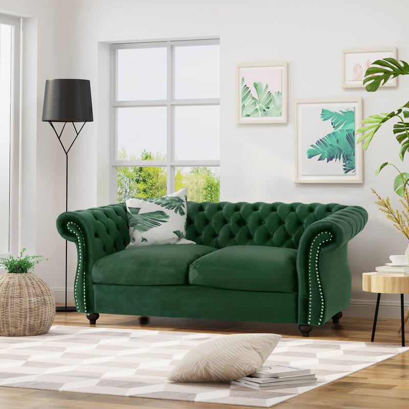 Emerald Velvet Loveseat Sofa with Chesterfield Style