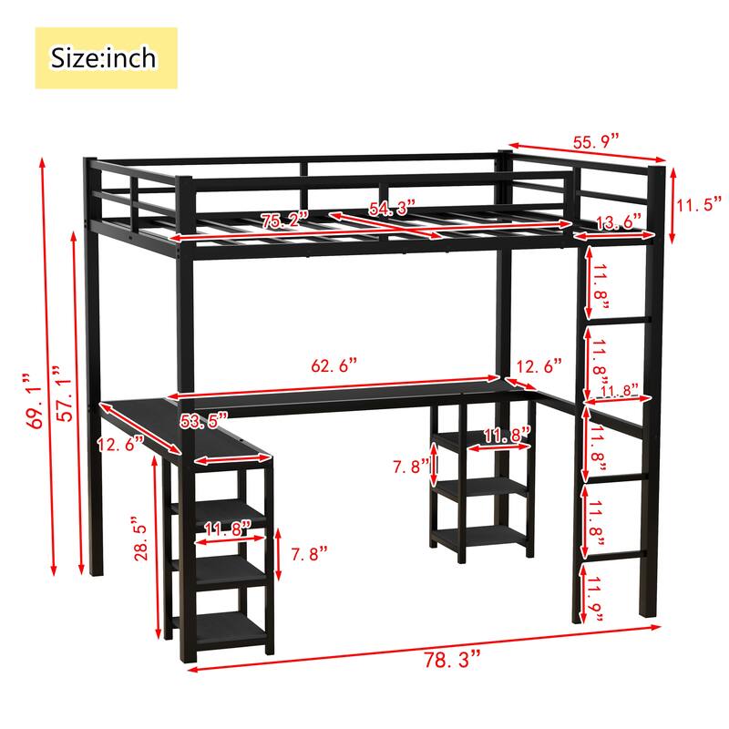 Roomfitters Metal Twin/Full Loft Bed with Desk & Shelves, Space-Saving Study Bed Frame with Ladder & Guardrails, Black