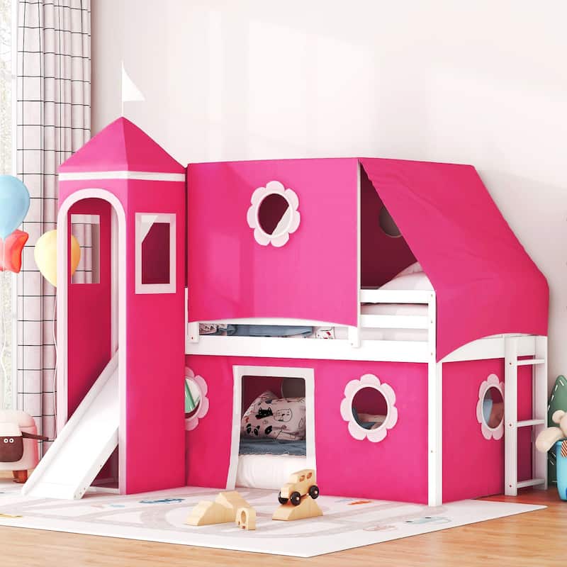 Merax Bunk Bed with Slide, Tent and Tower - Pink - Twin