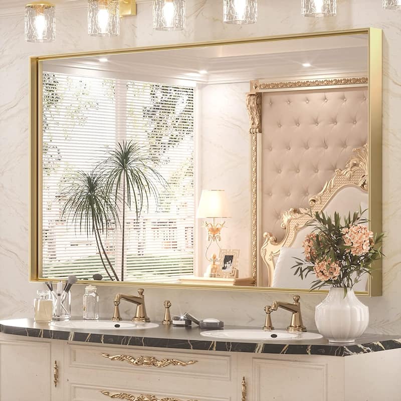KEONJINN Modern Metal Framed Bathroom Vanity Wall Mounted Mirror - 48x30 - Gold