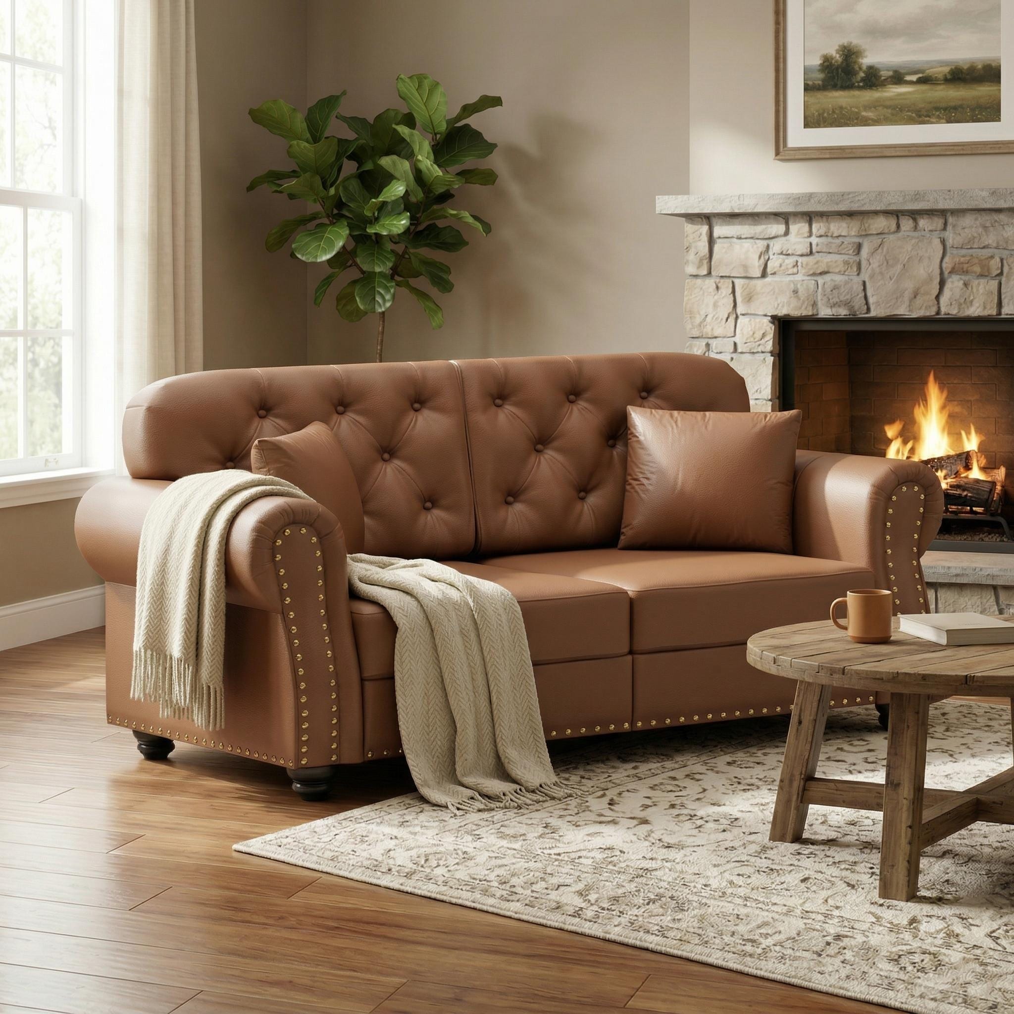 Homy Casa Chesterfield Faux Leather Upholstered Loveseat Sofa, 2 Seater Couch Wood Frame Living Room Apartment Seating Brown/BK