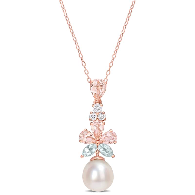 Miadora Morganite White Topaz Aquamarine and Freshwater Cultured Pearl Pendant with Chain Pink Silver 18KP Micron Plated
