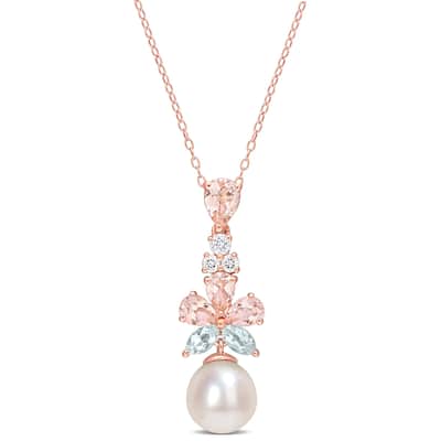 Miadora Morganite White Topaz Aquamarine and Freshwater Cultured Pearl Pendant with Chain Pink Silver 18KP Micron Plated