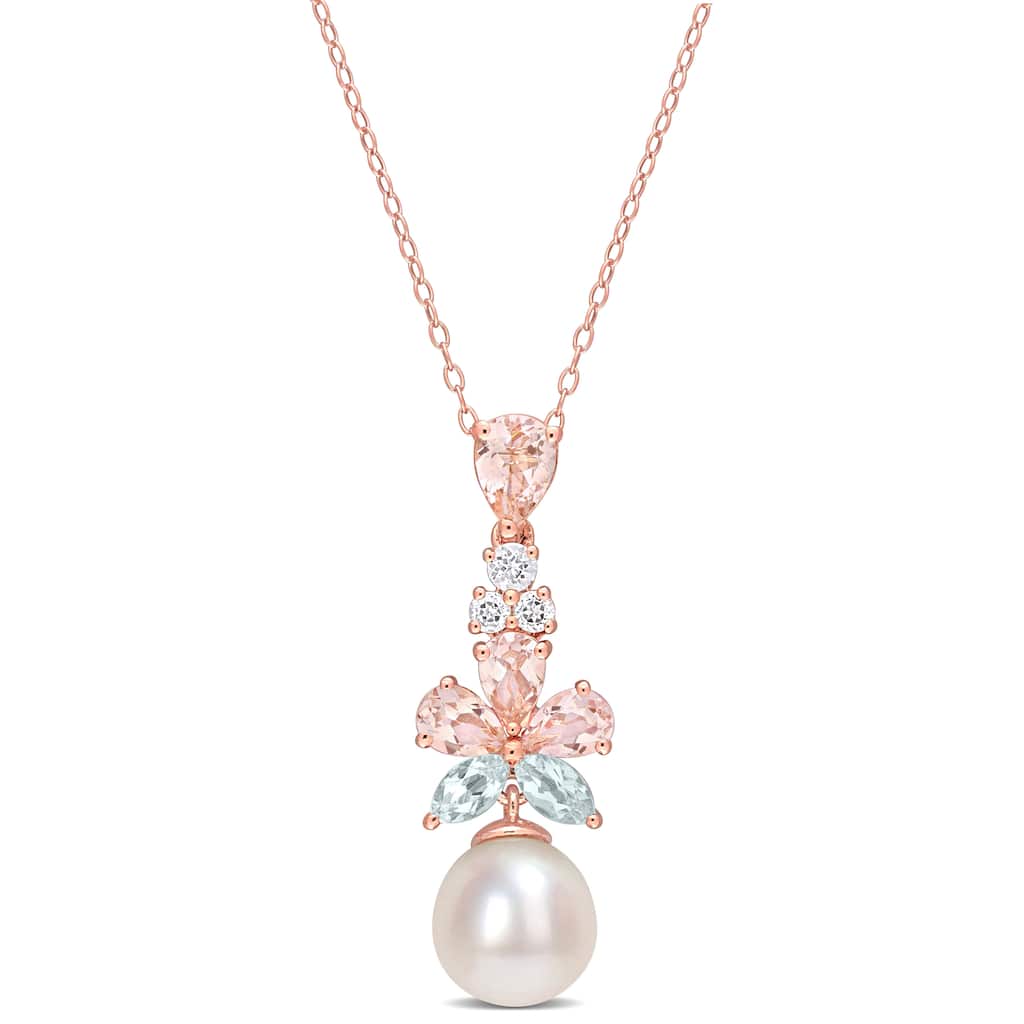 Miadora Morganite White Topaz Aquamarine and Freshwater Cultured Pearl Pendant with Chain Pink Silver 18KP Micron Plated
