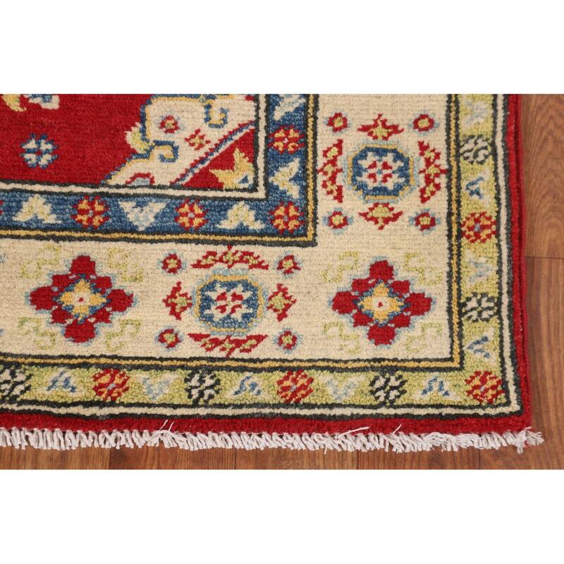 Geometric Red Kazak Accent Rug Handmade Home Decor Wool Carpet - 2'7" x 3'10"