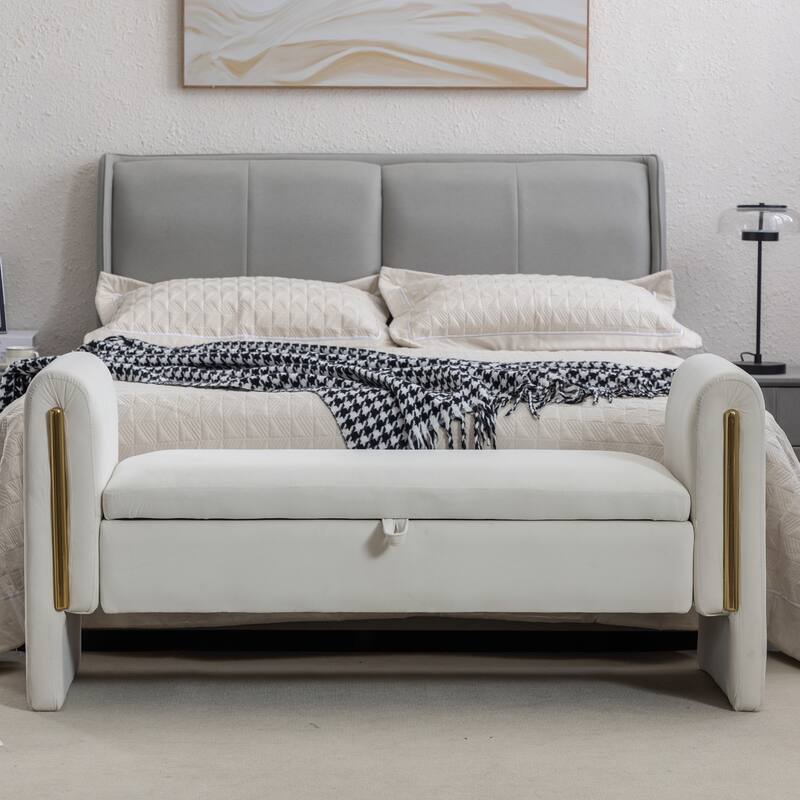 53" Modern Storage Bench with 300lb Seating, Velvet Upholstered Bed Bench with Wood Legs Safety Hinge - Ivory