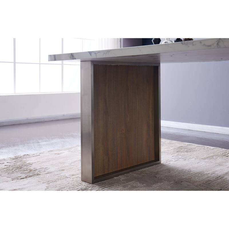 Elegant Luxurious Imitation Marble MDF Dinning Table for 6 or 8, Rectangular 63"L*35.4"W*29.8"H, Walnut+Stainless Steel