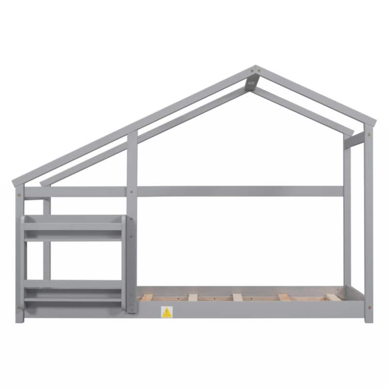 Twin Size Wooden House Bed, Twin Floor Wooden Bed with Shelf