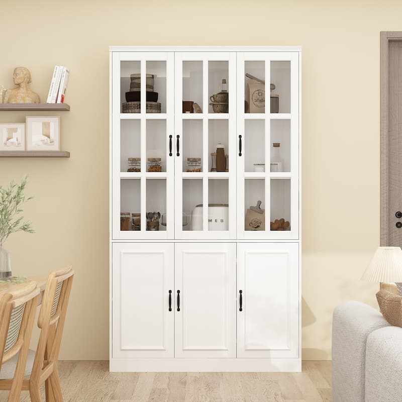 78.7"H Combo Buffet Sideboard White Curio Bookcase Cabinet Glass Door - 47.2"W
