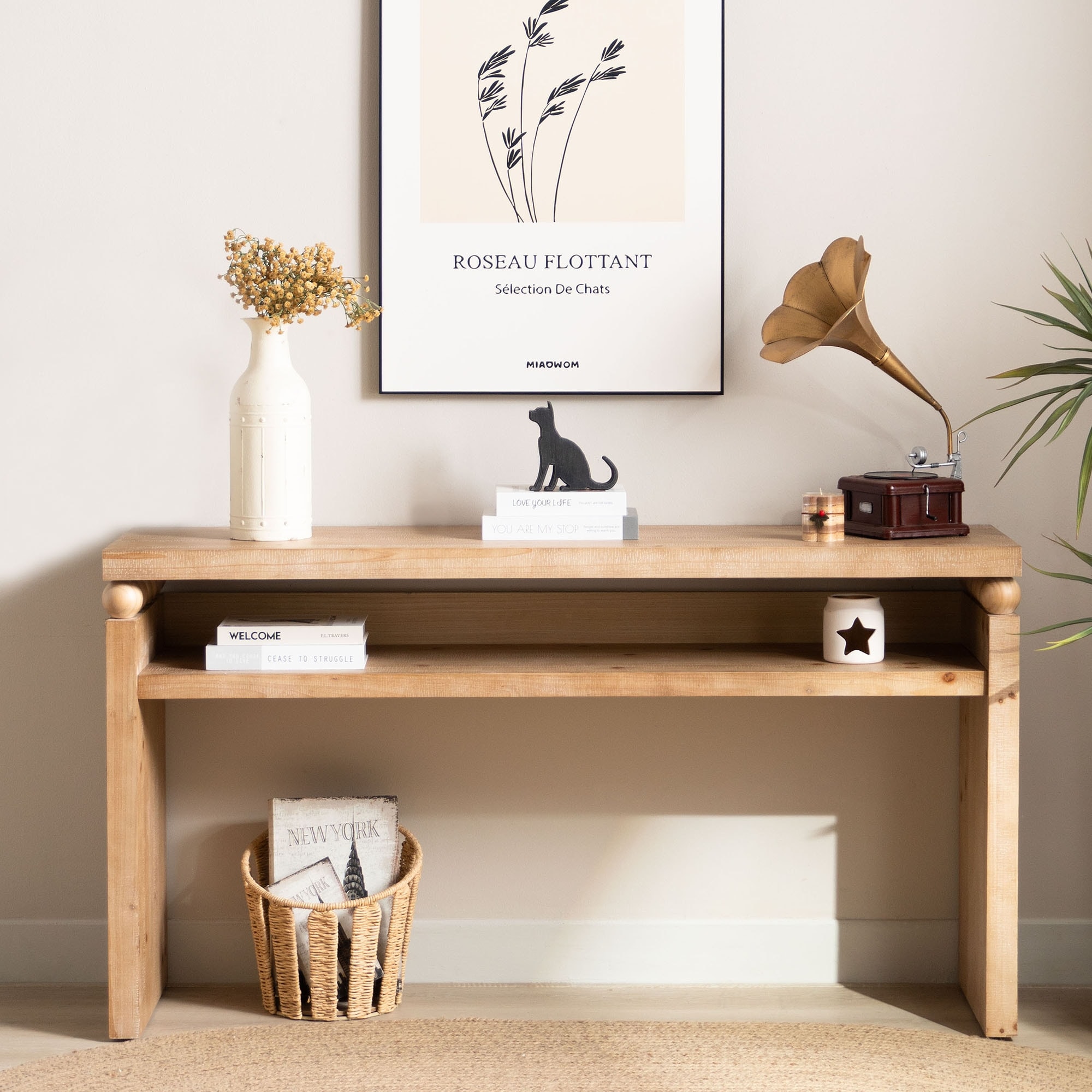 Roomfitters Rustic Console Table with Bead Detail, 59" Narrow Entryway Desk with Shelf, Engineered Wood, Natural