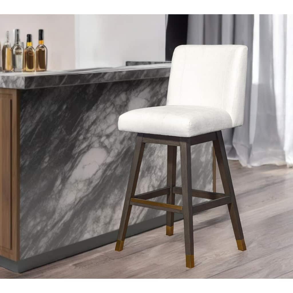 HomeRoots 30" Pearl and Gray Upholstered and Solid Wood Bar Height Swivel Bar Chair