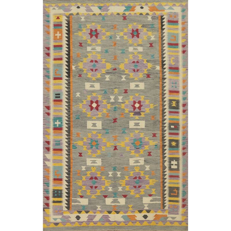 Hand Woven Oriental 100% Wool Carpet Southwestern Tribal Greys & Charcoal Kilim Area Rug - 9' 9'' X 6' 9''