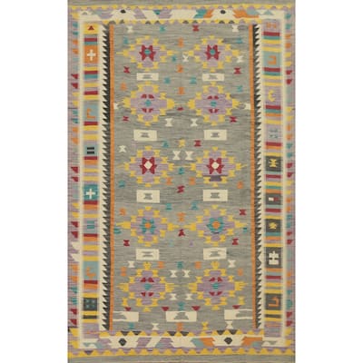 Hand Woven Oriental 100% Wool Carpet Southwestern Tribal Greys & Charcoal Kilim Area Rug - 9' 9'' X 6' 9''