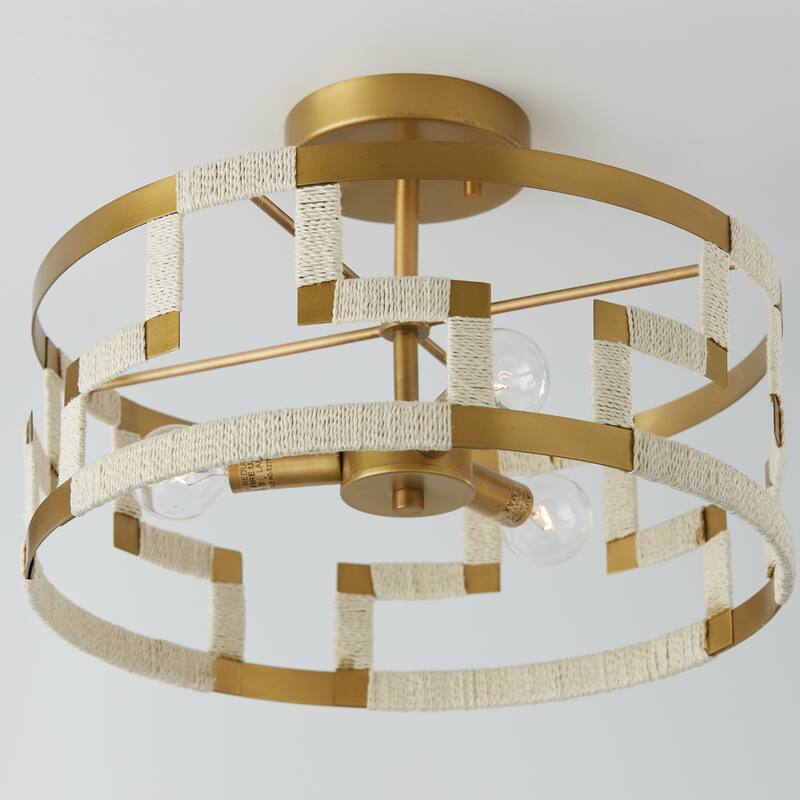 Hala 3-light Bleached Natural Jute/ Patinaed Brass Dual Mount Semi-Flush/ Pendant