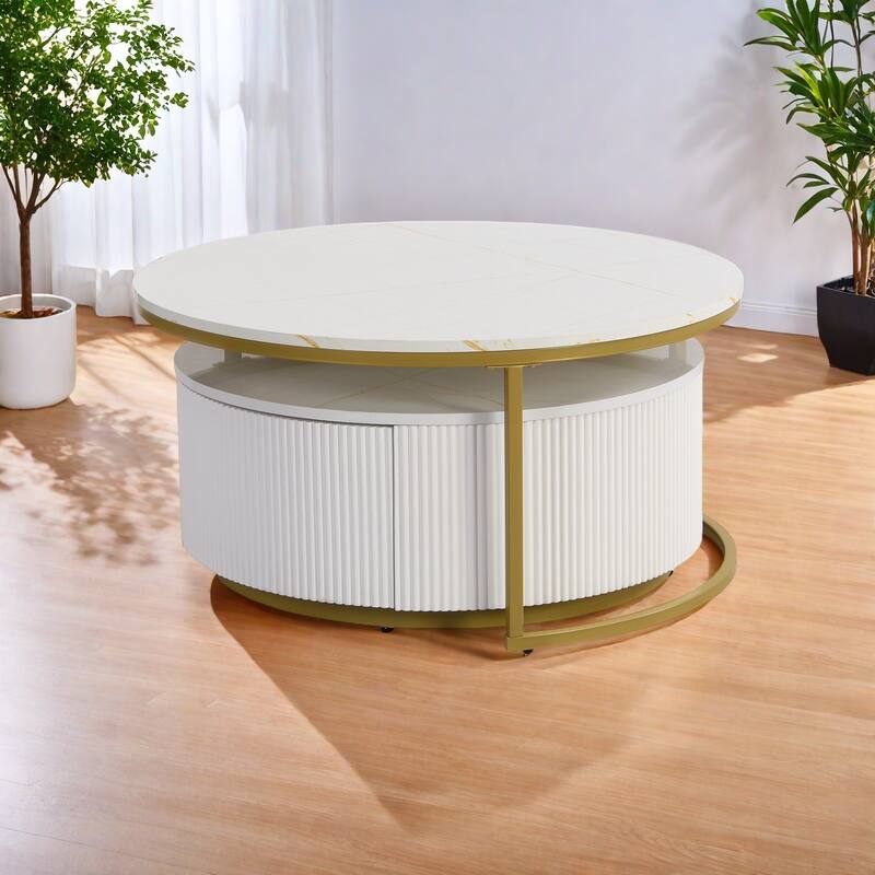 27.5" MDF Nesting Modern Coffee Table with Fluted Design and Drawer - White