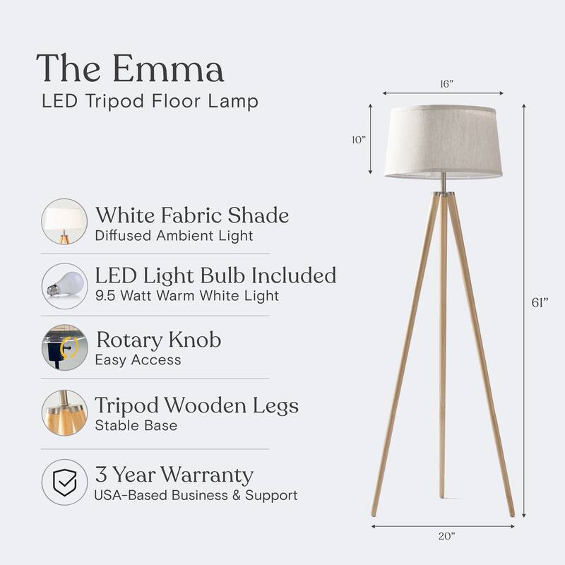 Brightech Emma 61 in. Mid-Century Modern LED Super Bright Floor Lamp with Beige Fabric Drum Shade