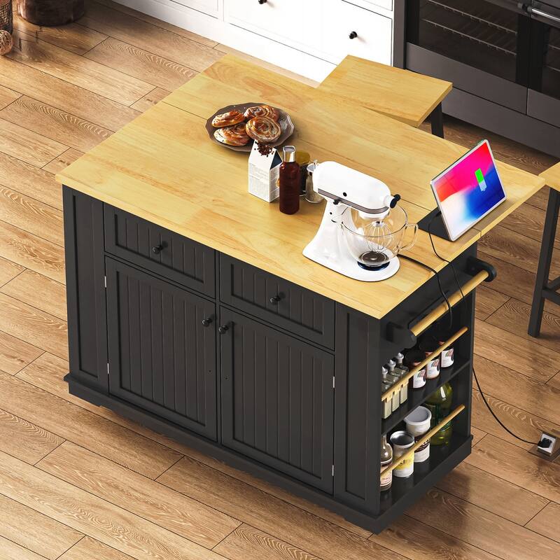 Kitchen Island with 2 Bar Stools, Power Outlet, Door Internal Storage Rack, Kitchen Storage Cart on 5 Wheels with Drop Leaf