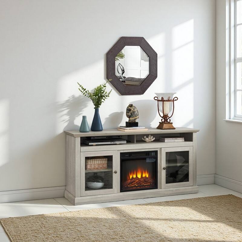 58/60" Contemporary/Classic Fireplace TV Stand for 65" TVs w/ 18" Insert Open/Glass-Door Storage Stone Gray/Driftwood