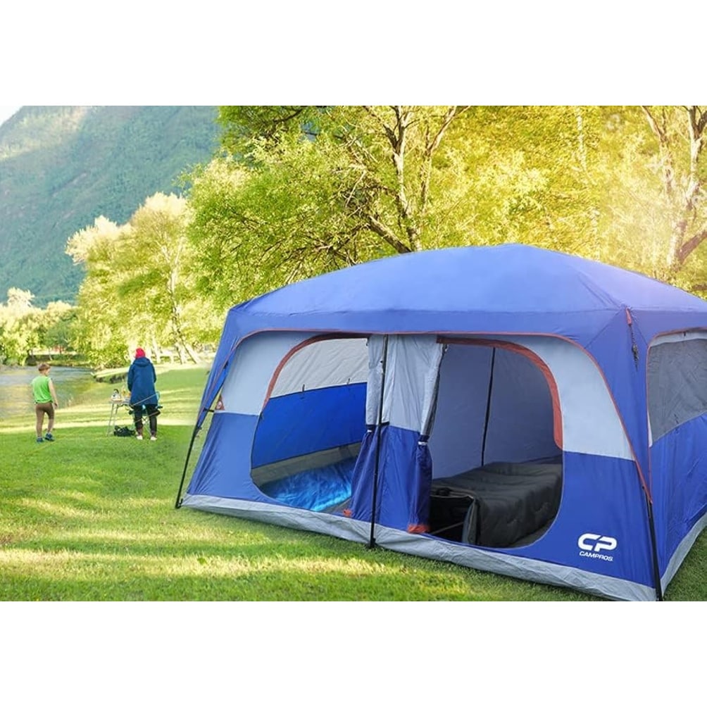 Blue 12 Person Portable 2 3 Room Double Layer Camping Tents with 6 Large Mesh Windows Divided Curtain