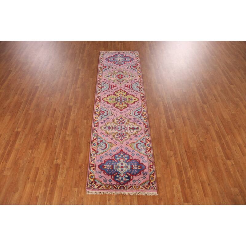 Pink Geometric Heriz Serapi Indian Runner Rug Handmade Wool Carpet - 2'8" x 9'9"