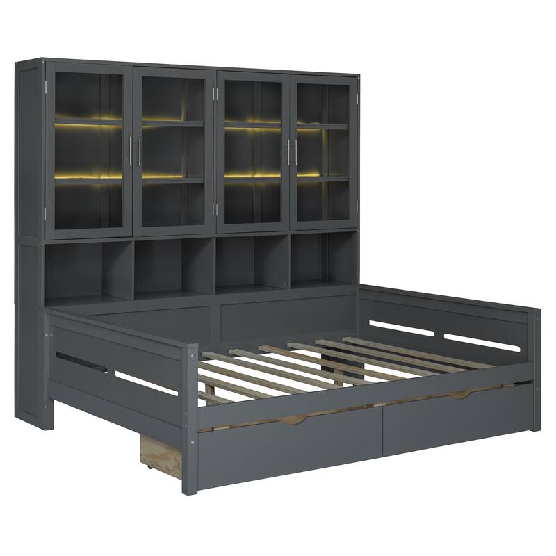Bookcase Daybed with Storage Cabinets Wooden Captains Bed Built-in LED Lighting