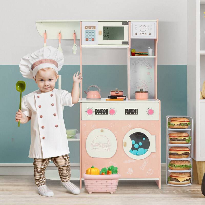 Wooden Play Kitchen Set for Kids, Pretend Cooking Toy, Interactive Kitchen Playset