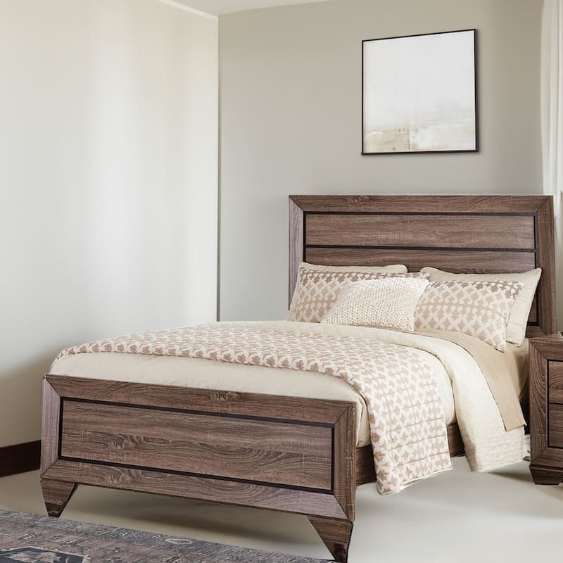 Transitional Style California King Bed with Plank Headboard, Taupe Brown