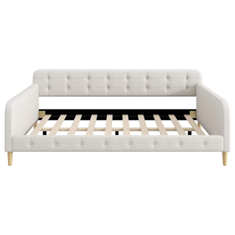 Queen Size Linen Upholstered Daybed with 4 Support Legs and Button-Tufted Design