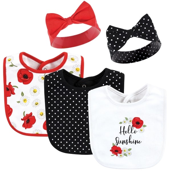 slide 1 of 1, Hudson Baby Infant Girl Cotton Bib and Headband or Caps Set, Poppy Daisy, One Size - Poppy Daisy - One Size One Size - Poppy Daisy