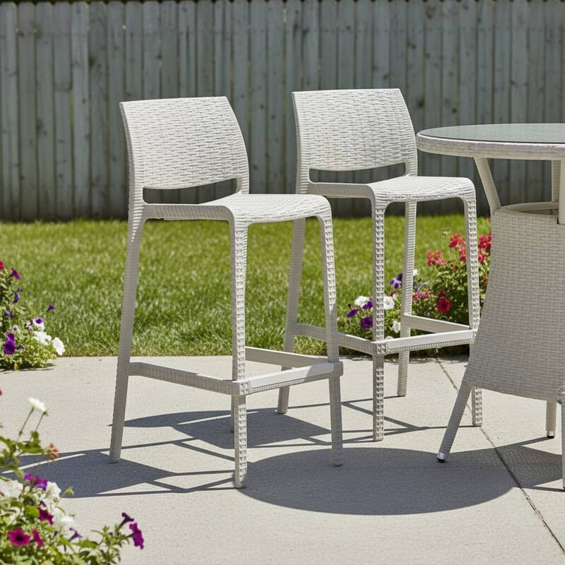 HomeRoots Set of Two 30" Taupe Faux Rattan Outdoor Bar Height Chairs