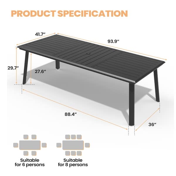 dimension image slide 0 of 4, Pellebant Outdoor Aluminum Dining Table with Umbrella Hole for 6-8 Person