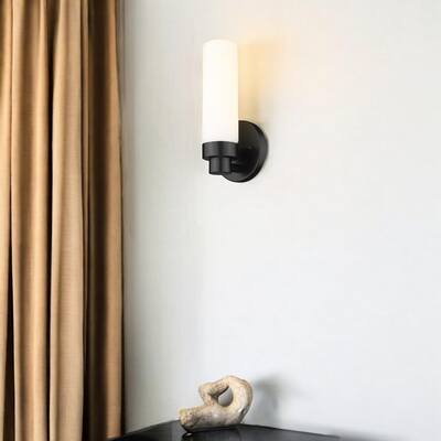 Minimalist Wall Sconce with Narrow Frosted Glass and Metal Base - 3.75” x 4.75” x 10”