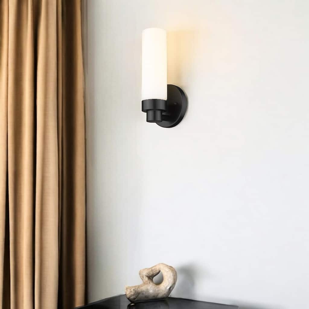 Minimalist Wall Sconce with Narrow Frosted Glass and Metal Base - 3.75” x 4.75” x 10”