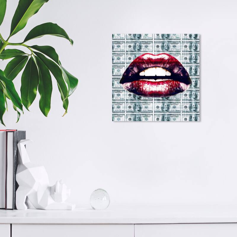 Wynwood Studio Fashion and Glam Put Your Money Where Your Mouth Is Red and Dark Red Modern & Contemporary Wall Art Canvas Print - 12 x 12