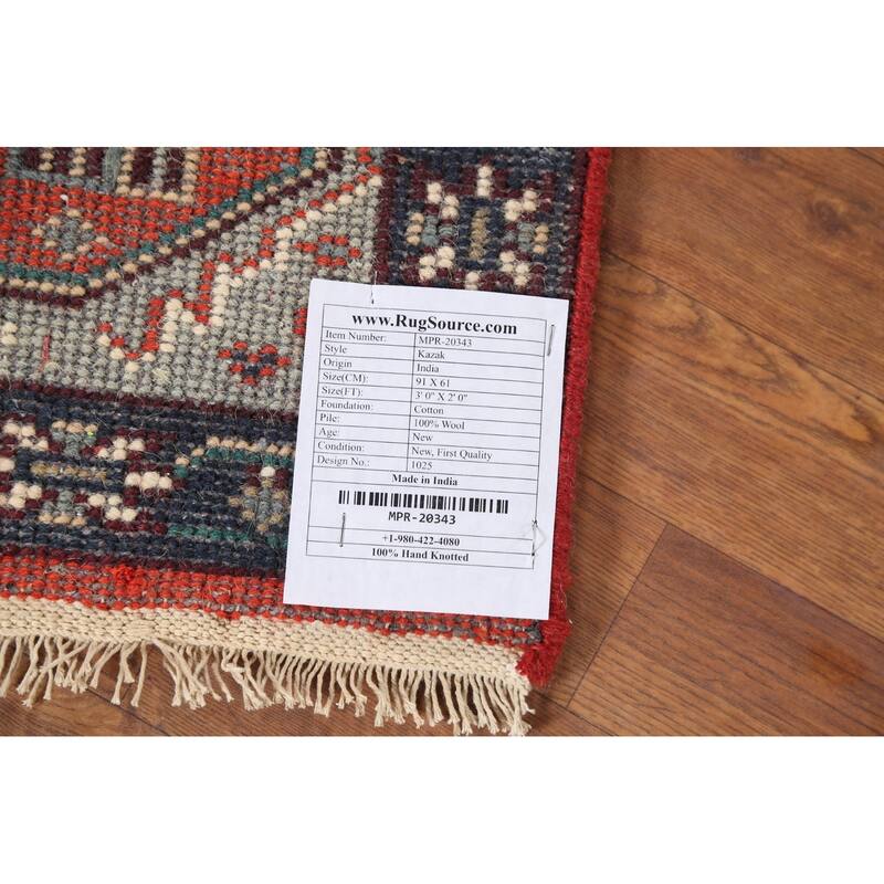 Orange Geometric Kazak Indian Accent Rug Hand-Knotted Wool Carpet - 2'0"x 3'0"