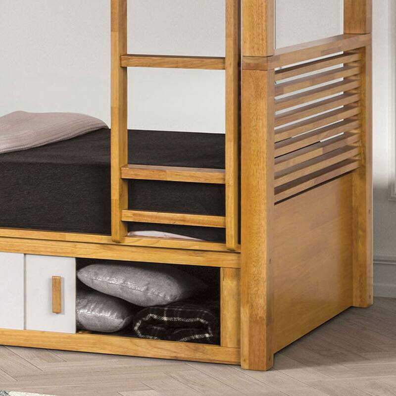 Furniture of America Ogden Oak Solid Wood Twin Over Twin Bunk Bed with Attached Ladder