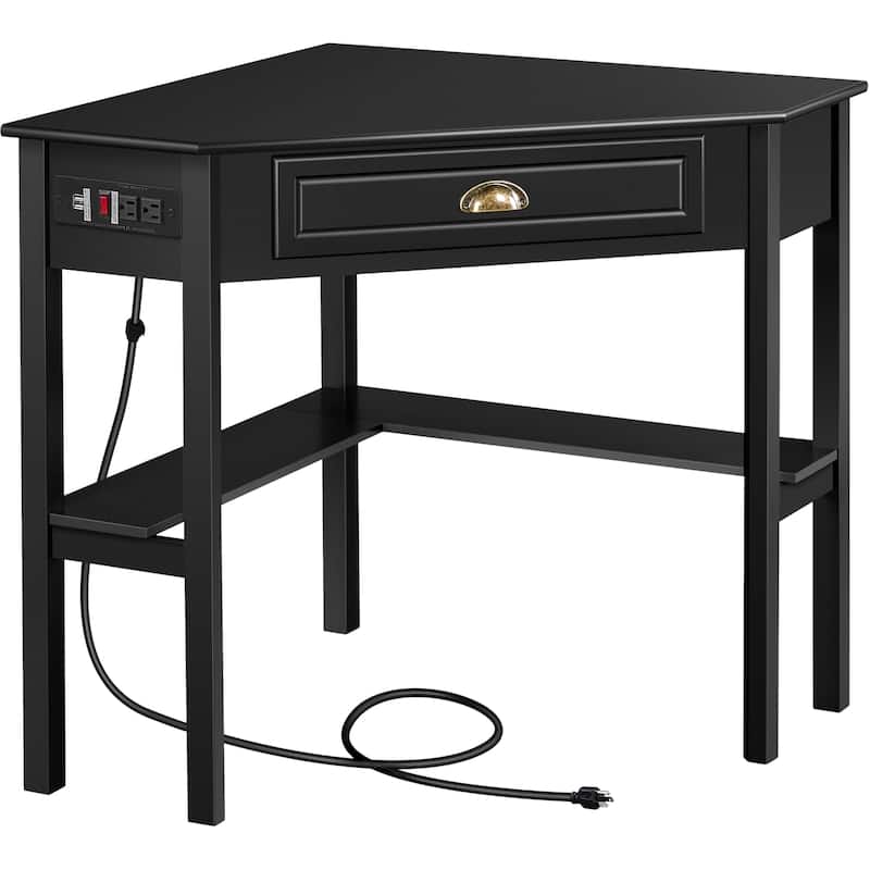 Yaheetech L Shaped Corner Computer Desk with Power Outlets - Black