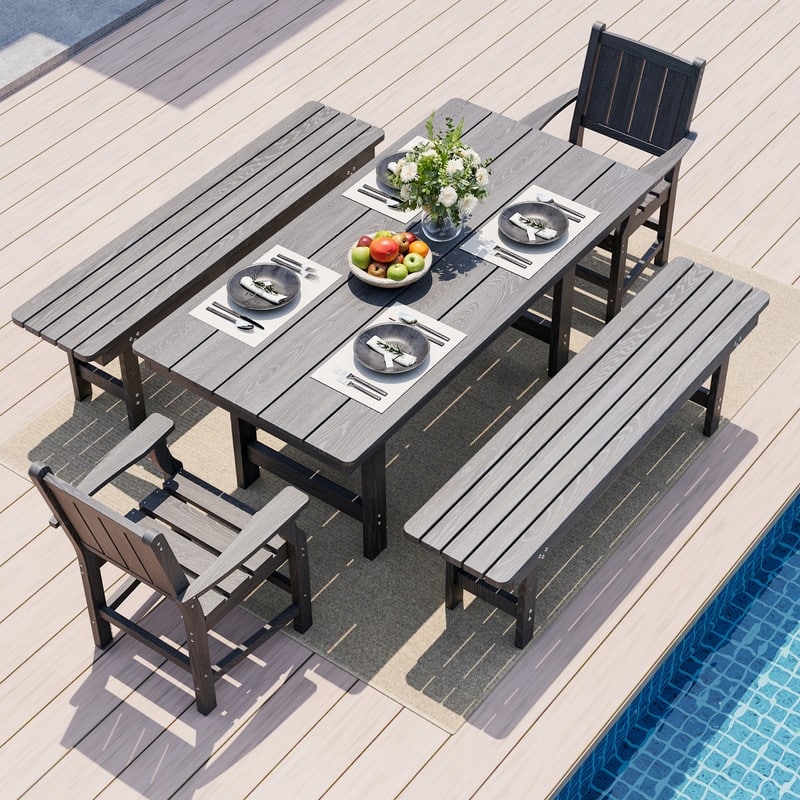 Gray 5/6-Piece HDPE Patio Dining Set with Rectangular Table & Bench - 5 Pieces