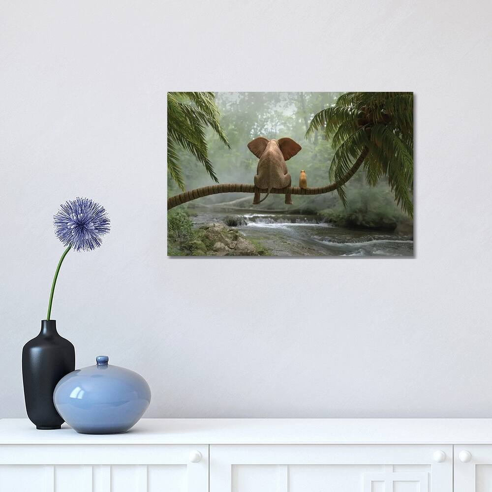 iCanvas "Elephant And Dog Sit On A Palm Tree In Tropical Forest" by Mike Kiev Canvas Print