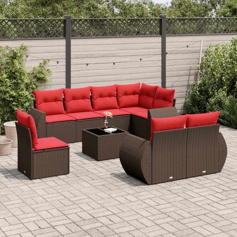 vidaXL 8 Piece Patio Sofa Set with Cushions Grey Poly Rattan - 24.4" x 24.4" x 27.2" - Brown and red With table