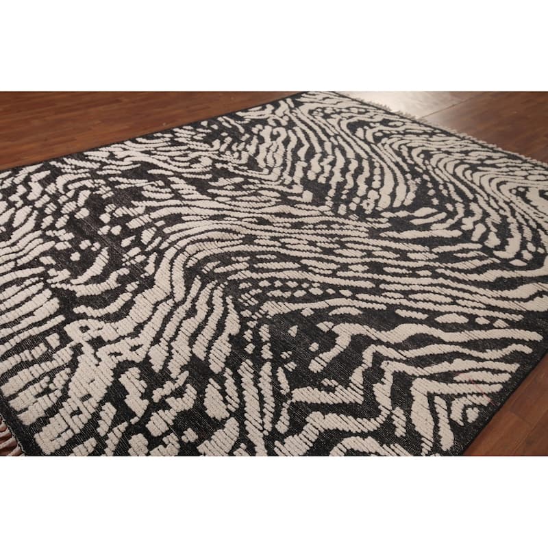 All-Over Black & Ivory Moroccan Abstract Area Rug Handmade Wool Carpet - 8'0"x 10'2"