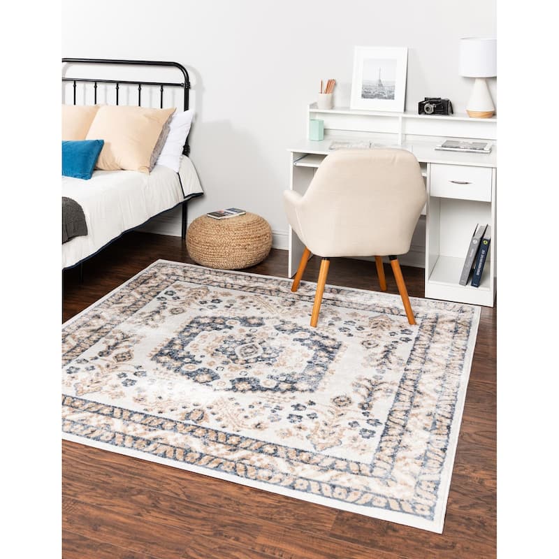 Contemporary Trabzon Collection Area Rug - Ivory-Blue - 7'10" Square