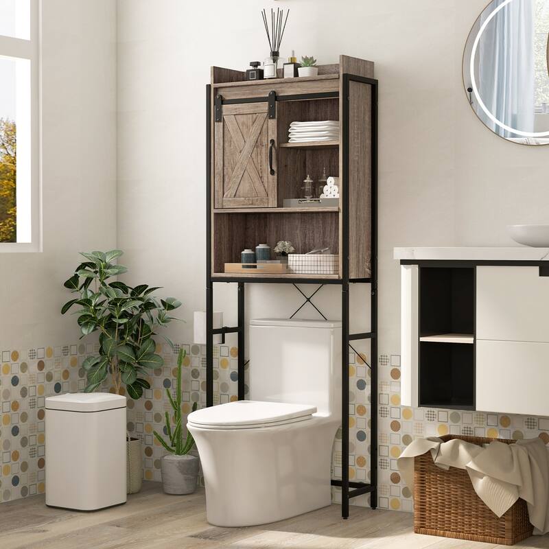 4-Tier Over Toilet Storage Cabinet with Adjustable Shelves and Sliding Door for Bathroom Organization - 25"W x 9.5"D x 67.5"H - Grey